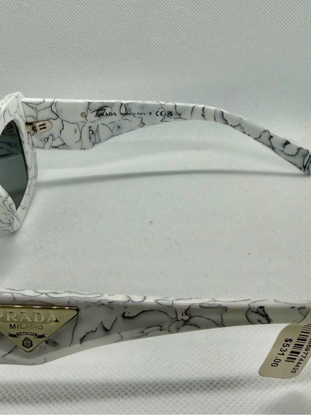 Prada White Marble Rectangular Sunglasses with Dark Lenses